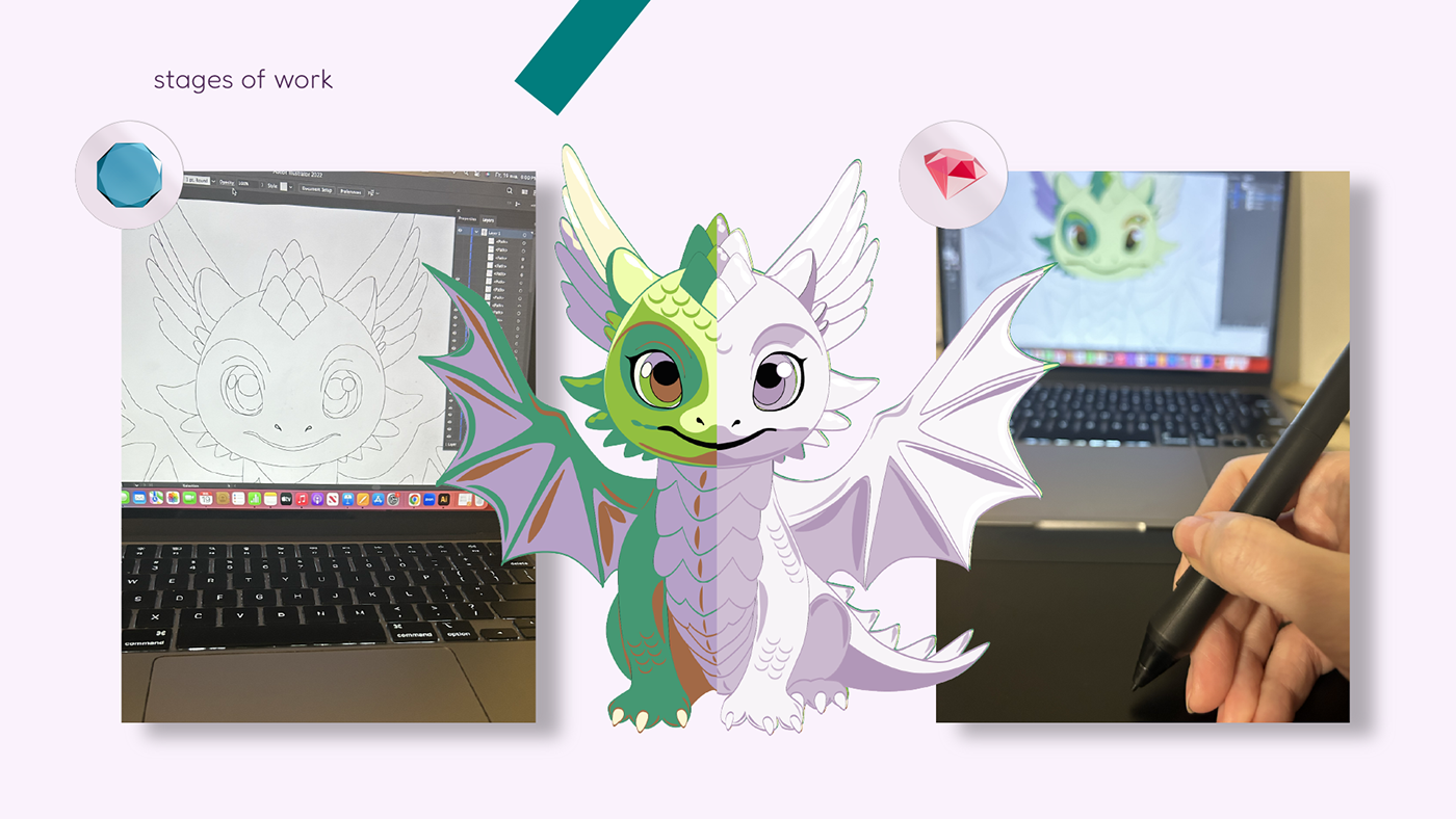 children's book cover, vector illustrations, character design, dragon, gems