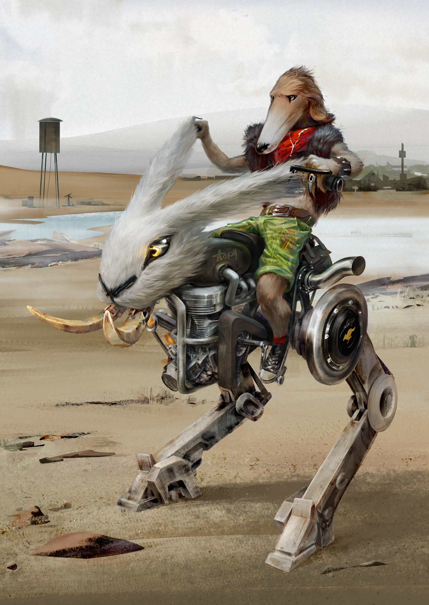 dog rabbit mech robot stone post fog biker field city moto Bike