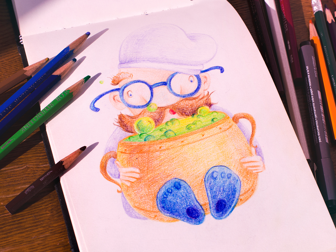 Illustrator art Character coloredpencil sketch sketchbook goat Horn monster cute wizard magisian chief cooking Sushi