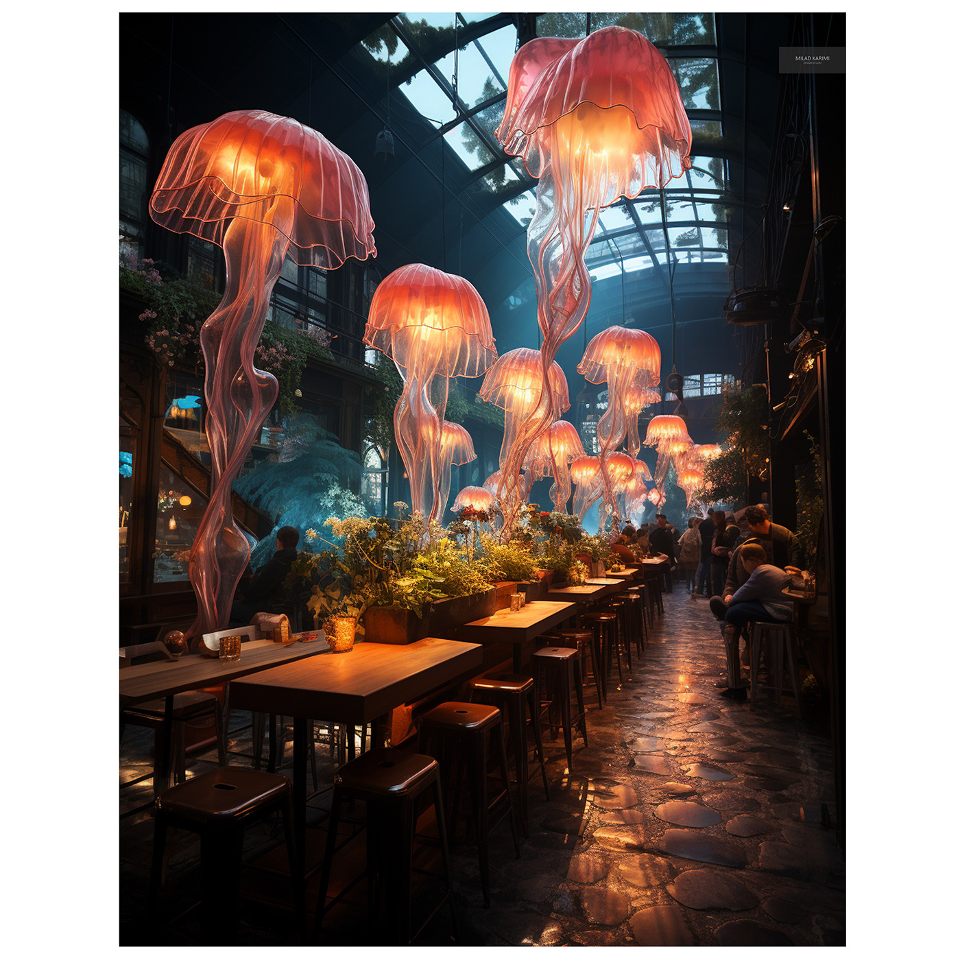 cafe Coffee restaurant interior design  Interior lighting jellyfish night light Street