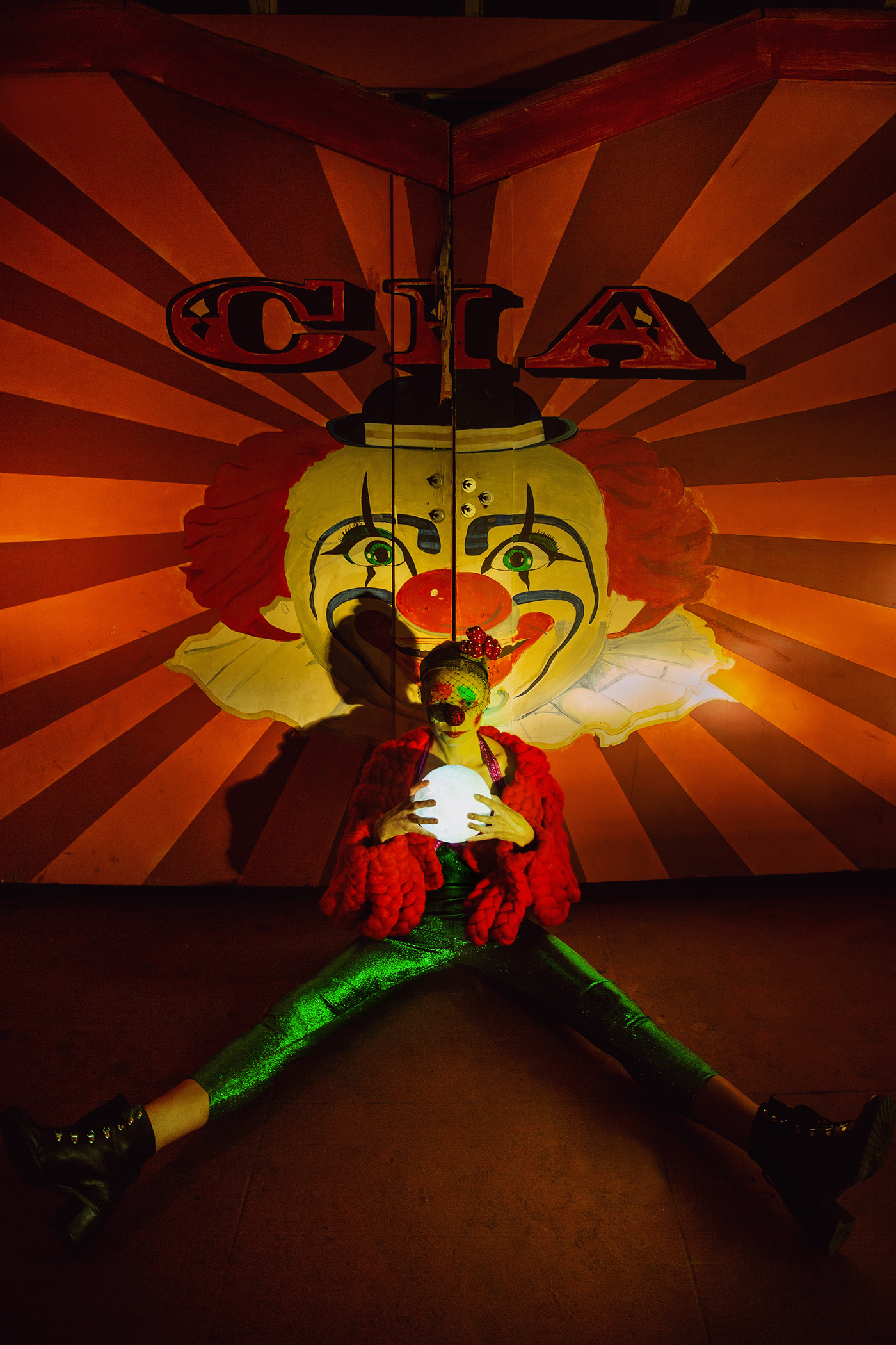 Circus clown red neon avant-garde model art light night streets portrait