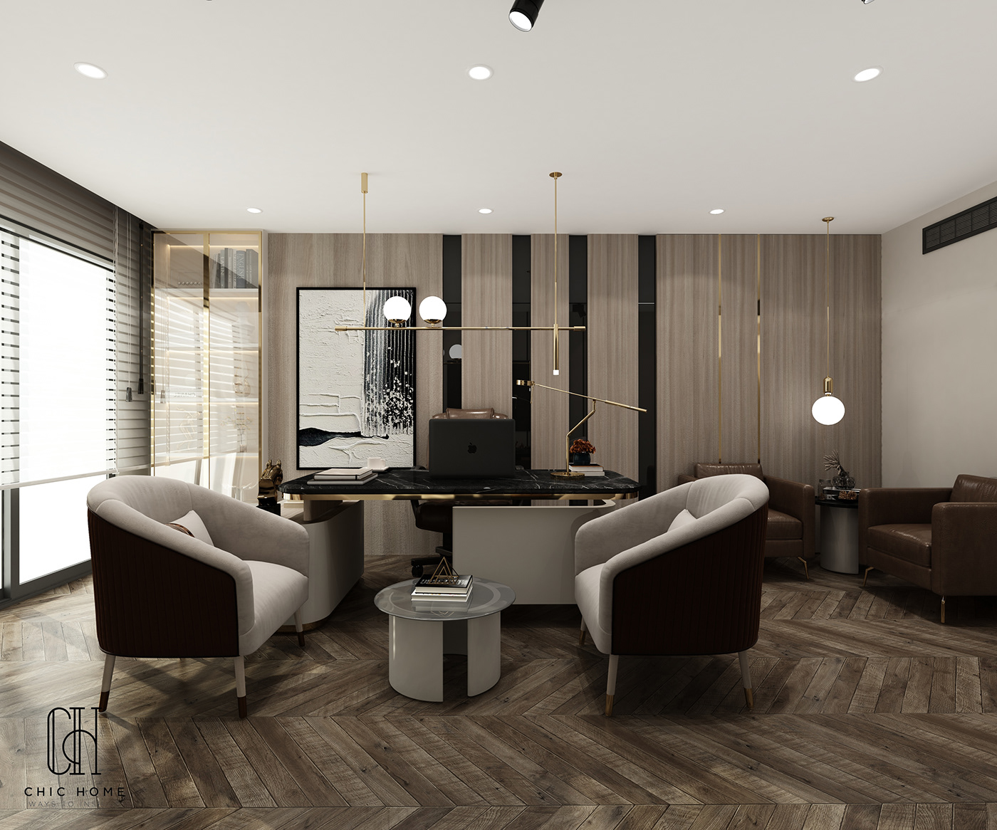Office interior design  luxury modern office wood home decor visualization architecture office furniture manager office