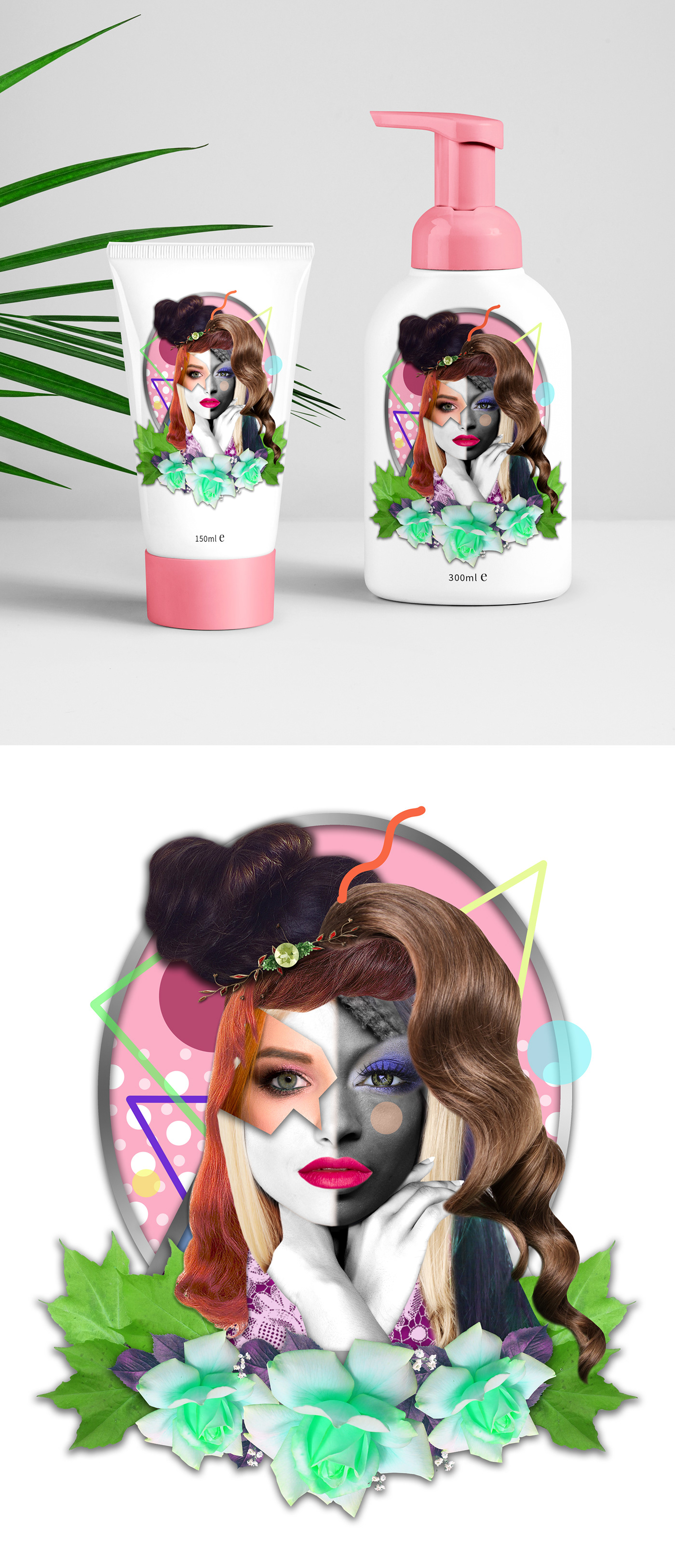hair care packaging beauty and cosmetics label packaging hair packaging surreal collage hair products fun and colorful Pop Art