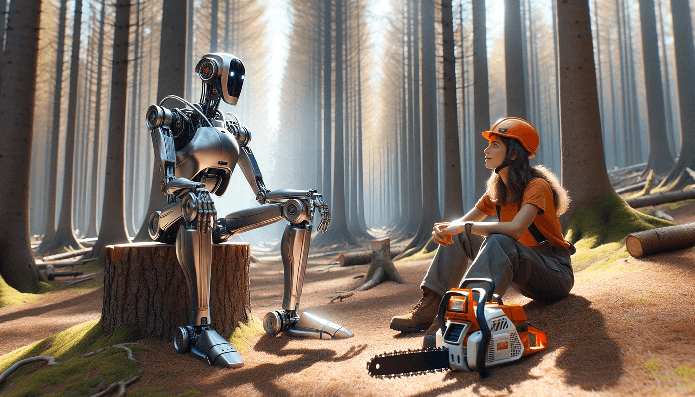 robot robotics chainsaw Dalle lumberjack forest forestry treework Ai Art generative ai
