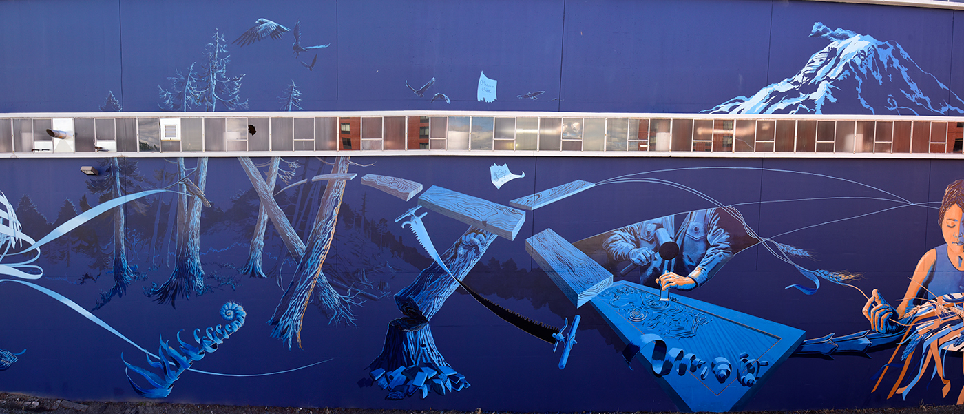 Mural tacoma Street Art  blue huge scale public art indigenous native american weaving historical