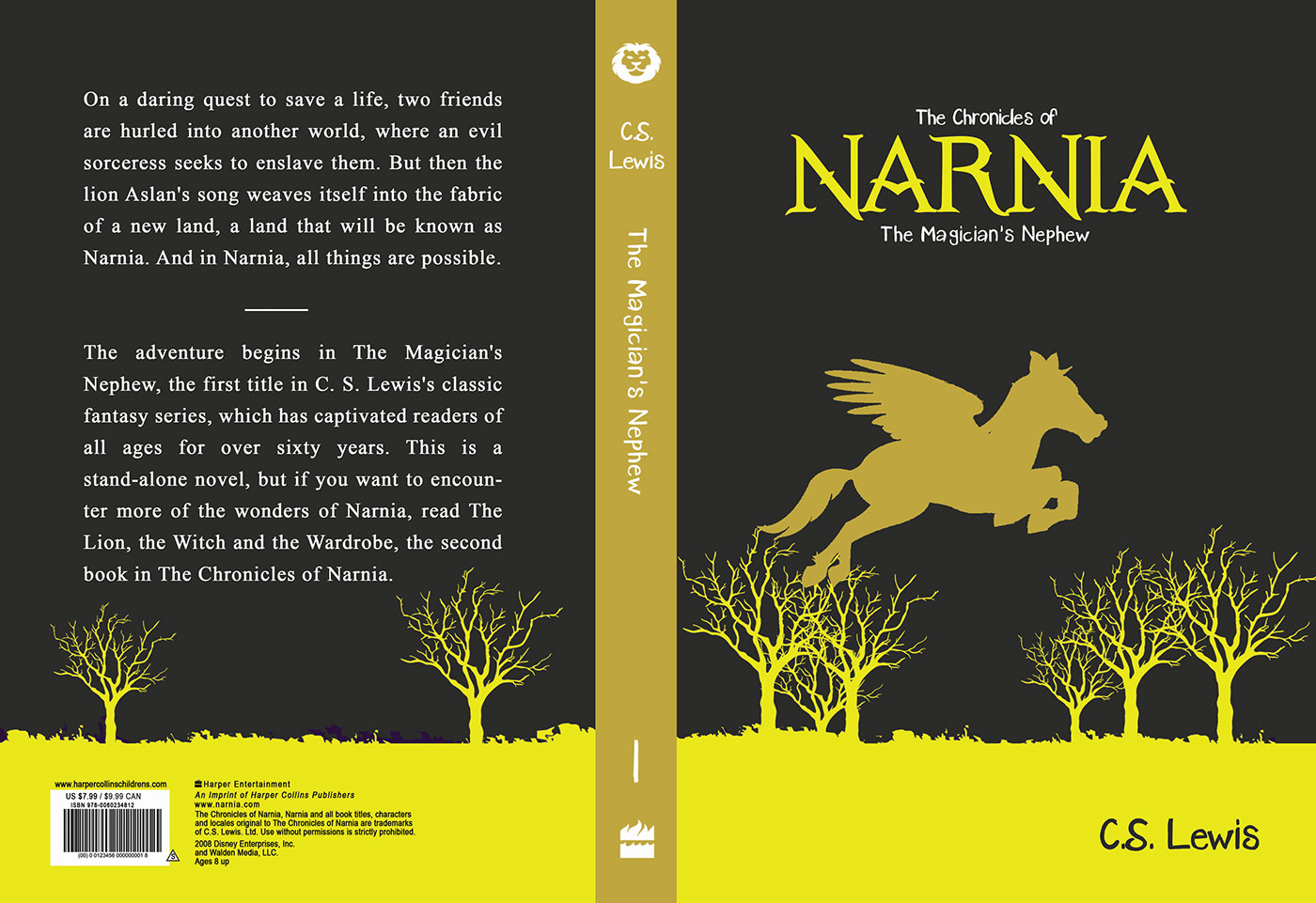 Narnia book cover graphic design  Student work lion witch wardrobe Fairleigh Dickinson editorial design 