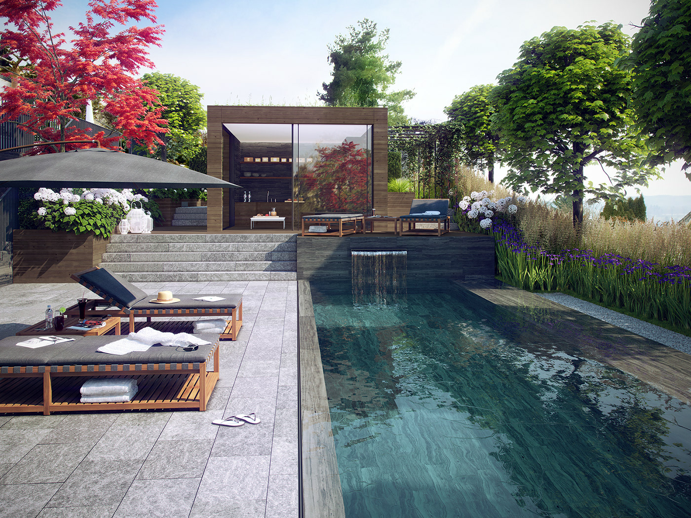 3D visual garden exterior CGI CG water Pool Flowers Tree  house