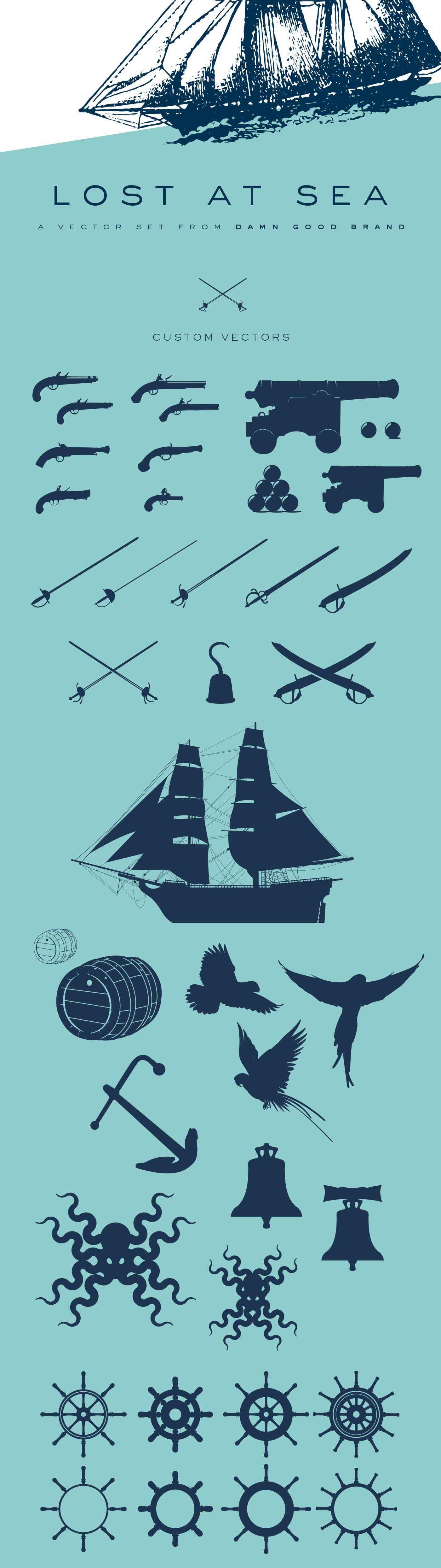 nautical digital vector pirates illustrations crosshatch people guns cannons Swords