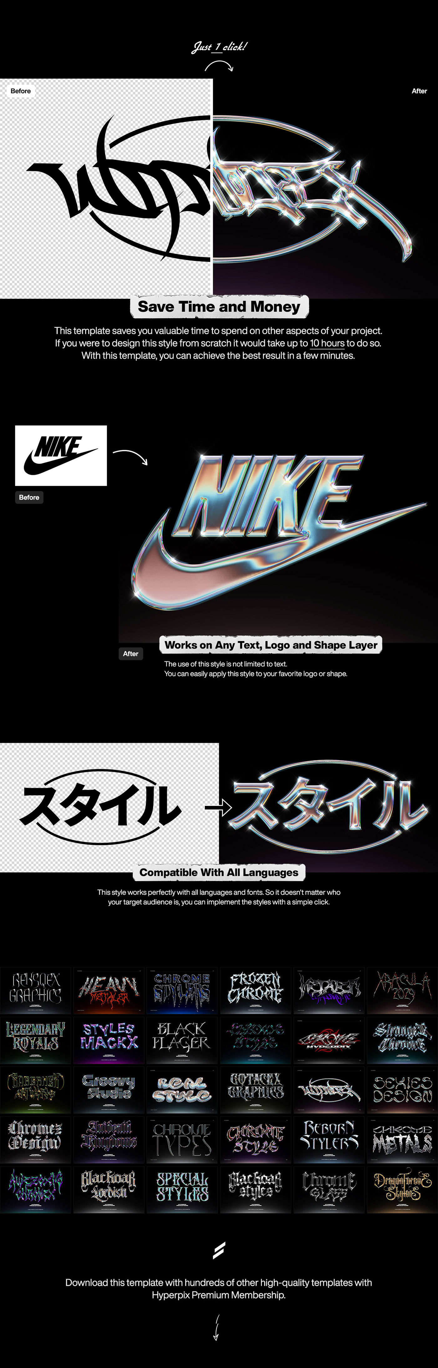 80s chrome chromium iridescent logo metal metallic Nike psd type