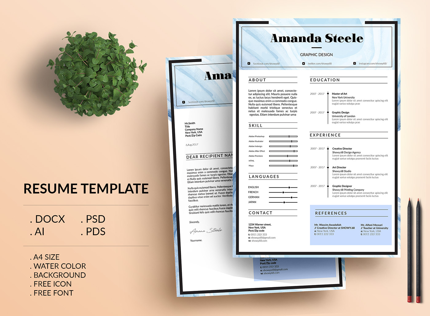 CV CV template Resume resume template water color free icon Free font Professinal job application branding 