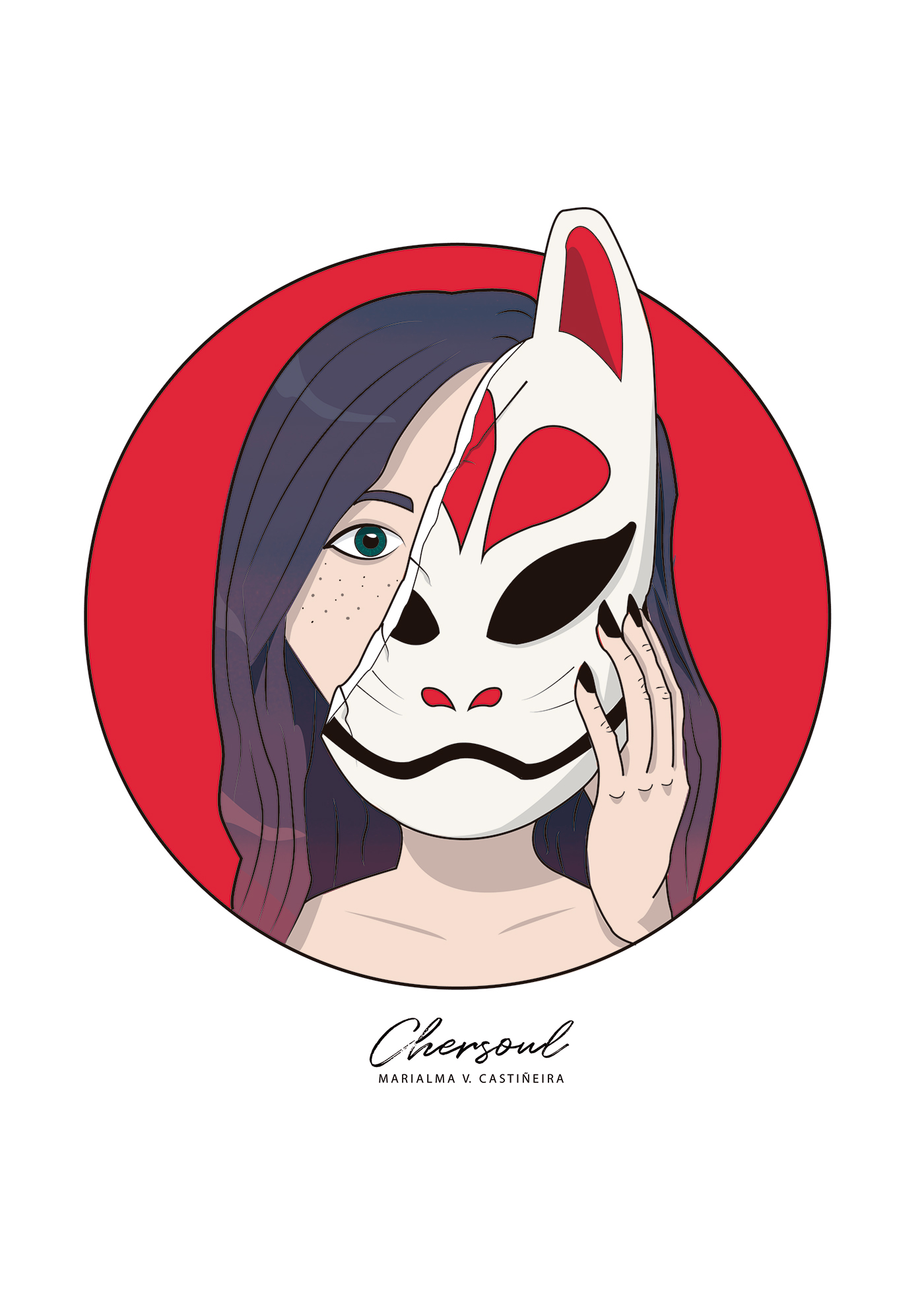 Vectorial kitsune FOX girl cards japan mask Character