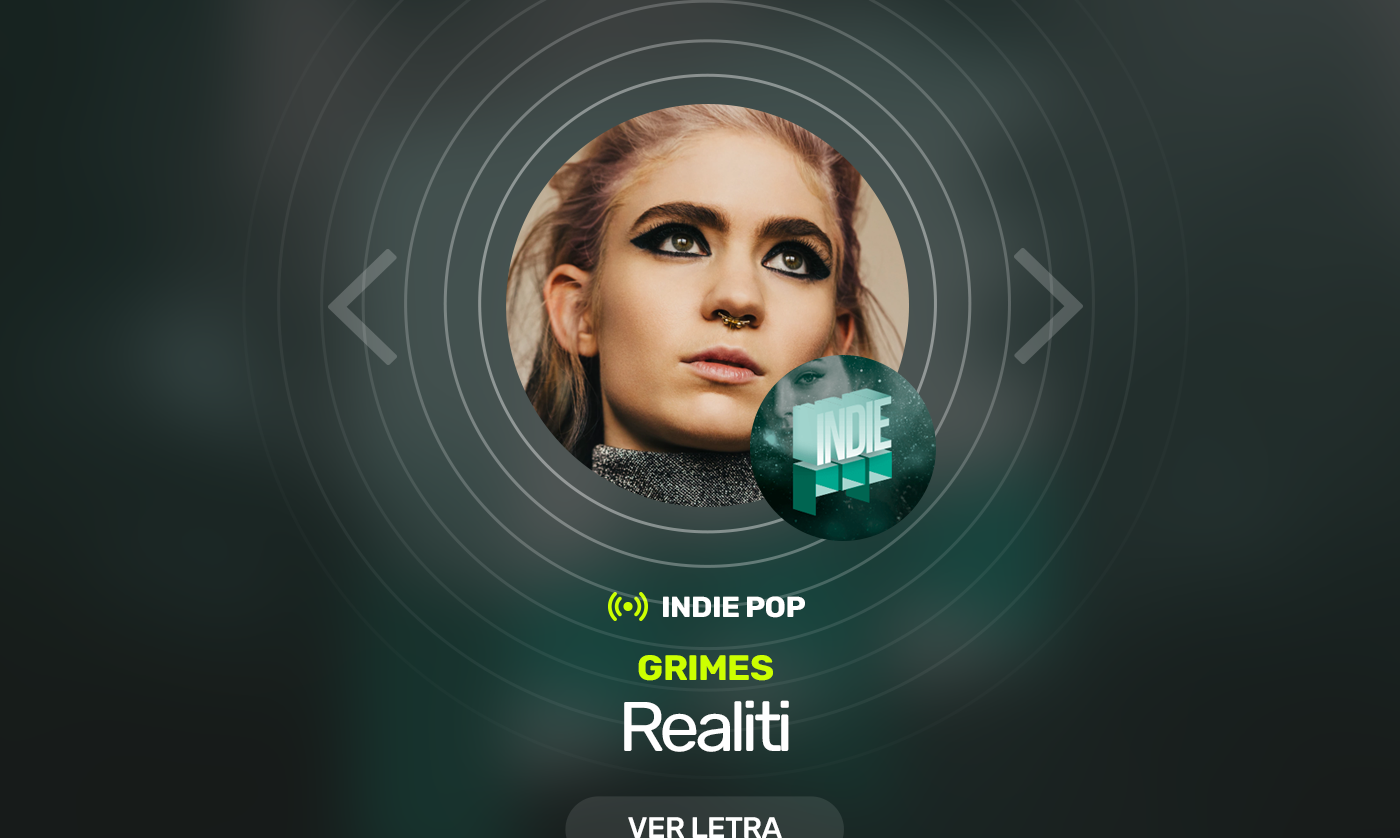"Realiti" de Grimes, reproduzindo no player da estação "Indie Pop" do app Vagalume.FM
