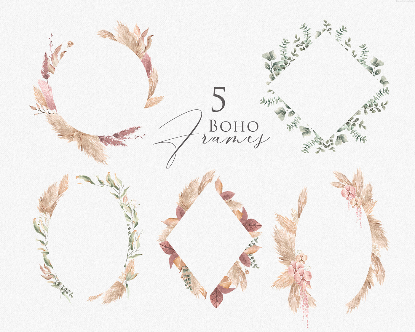 bohemian boho clipart Collection etsy greenery pampa grass png files trend watercolor