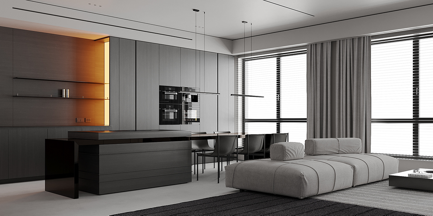 living room минимализм кухня гостиная   minimalistic design монохромный интерьер современный интерьер