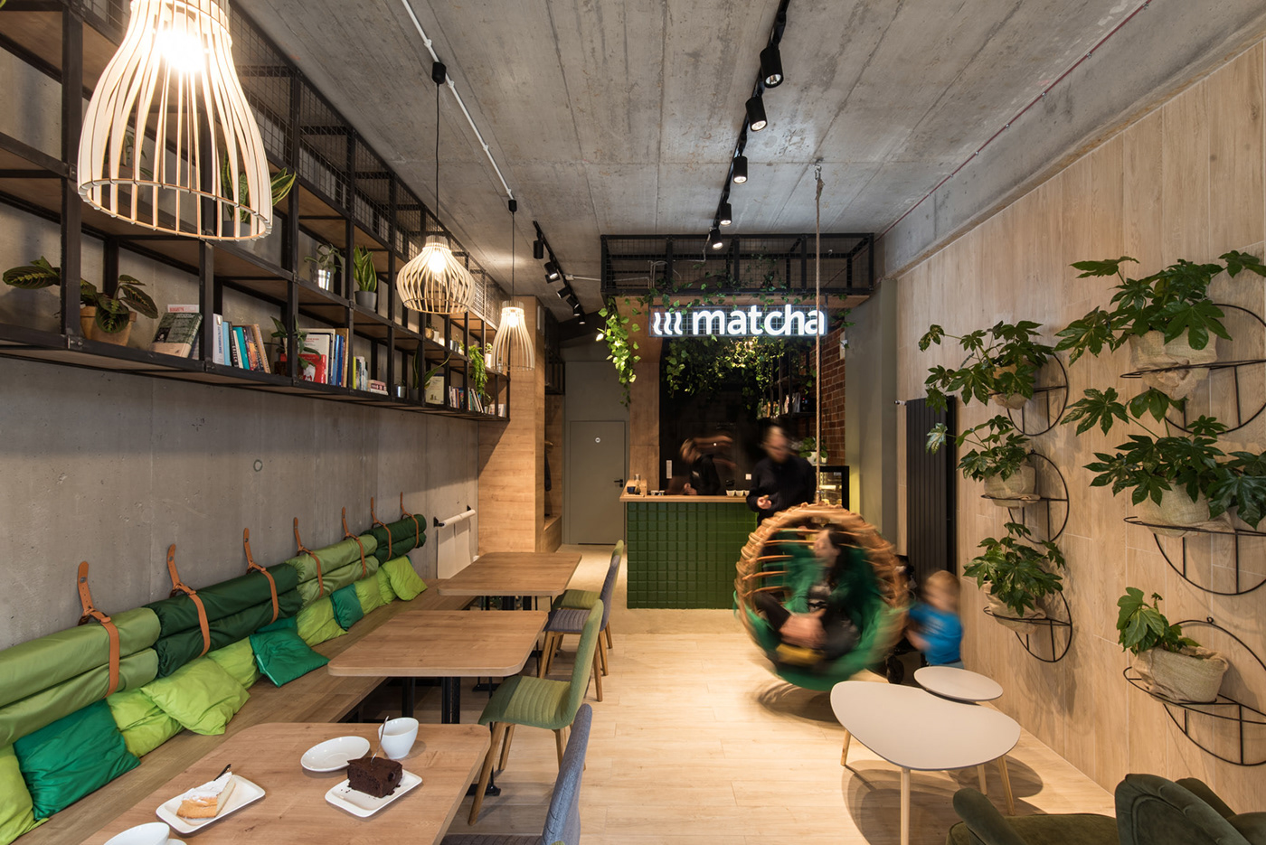 matcha tea cafe Interior green plants poznan modelina poland concrete