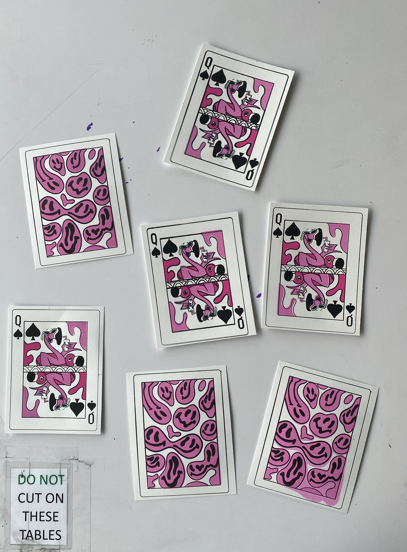 deck of cards flamingo Queen of spades screen print smiley face