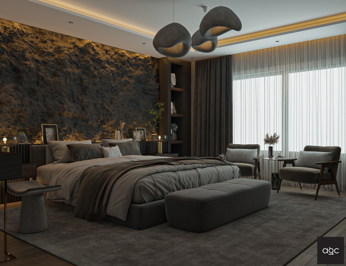 modern bedroom architecture bed Render visualization rock grey wood