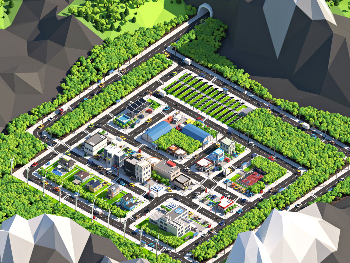 Isometric city town building Street cartoon game car 3D lowpoly