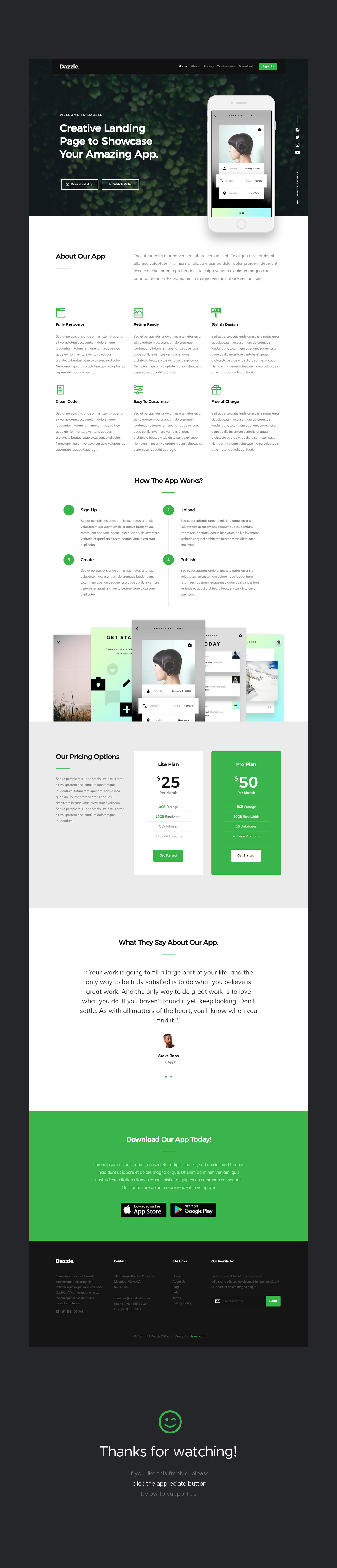 free Website One Page HTML css app Responsive landing page template mobile