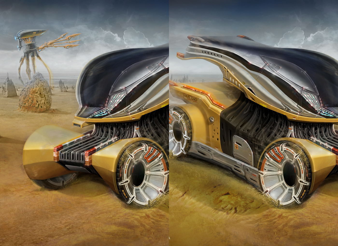 concept-art car sci-fi fantasy CGI Vehicle tripod Creative Retouching 3D Matte Painting