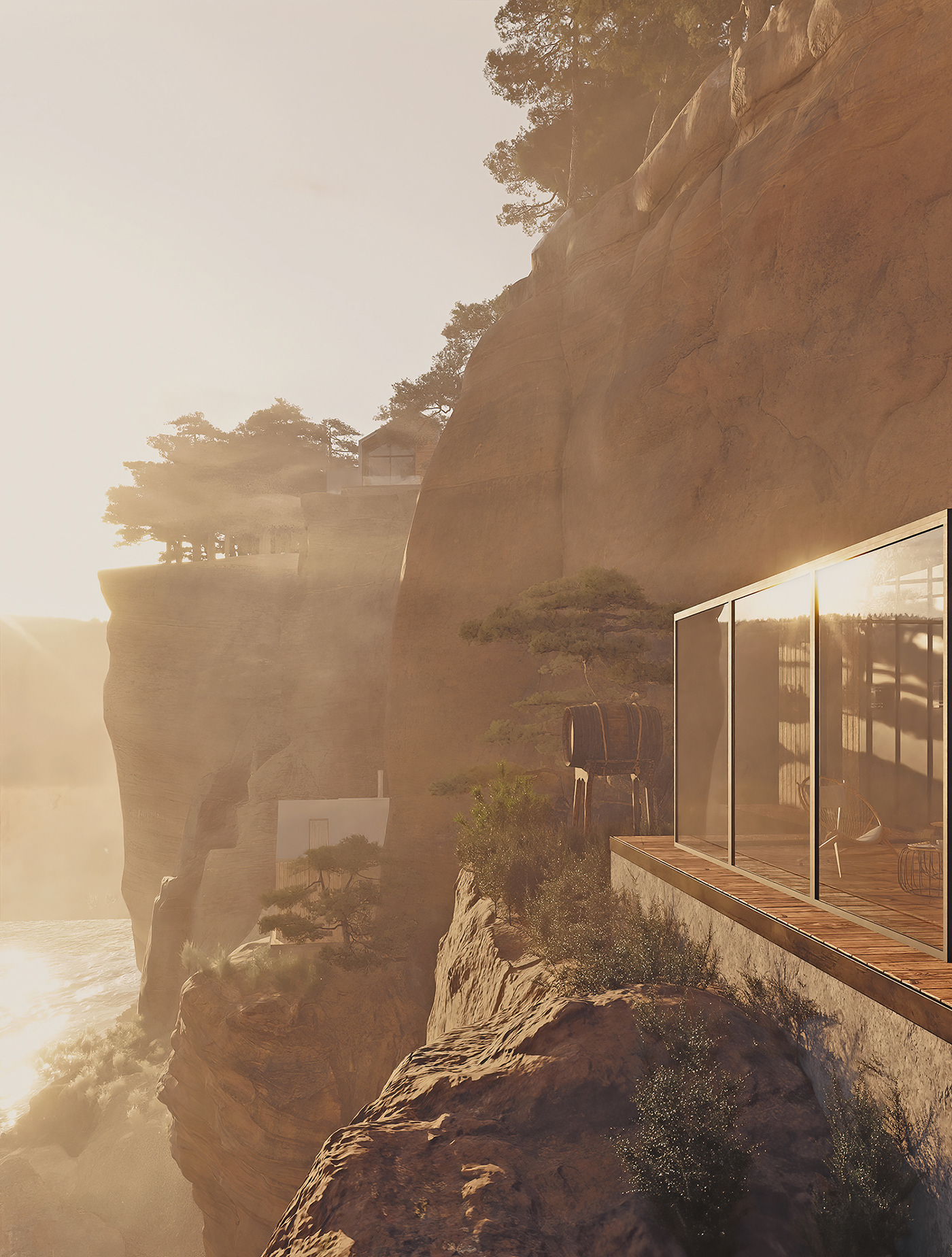 cliff realistic cabin rain architecture night rock Render visualization fog