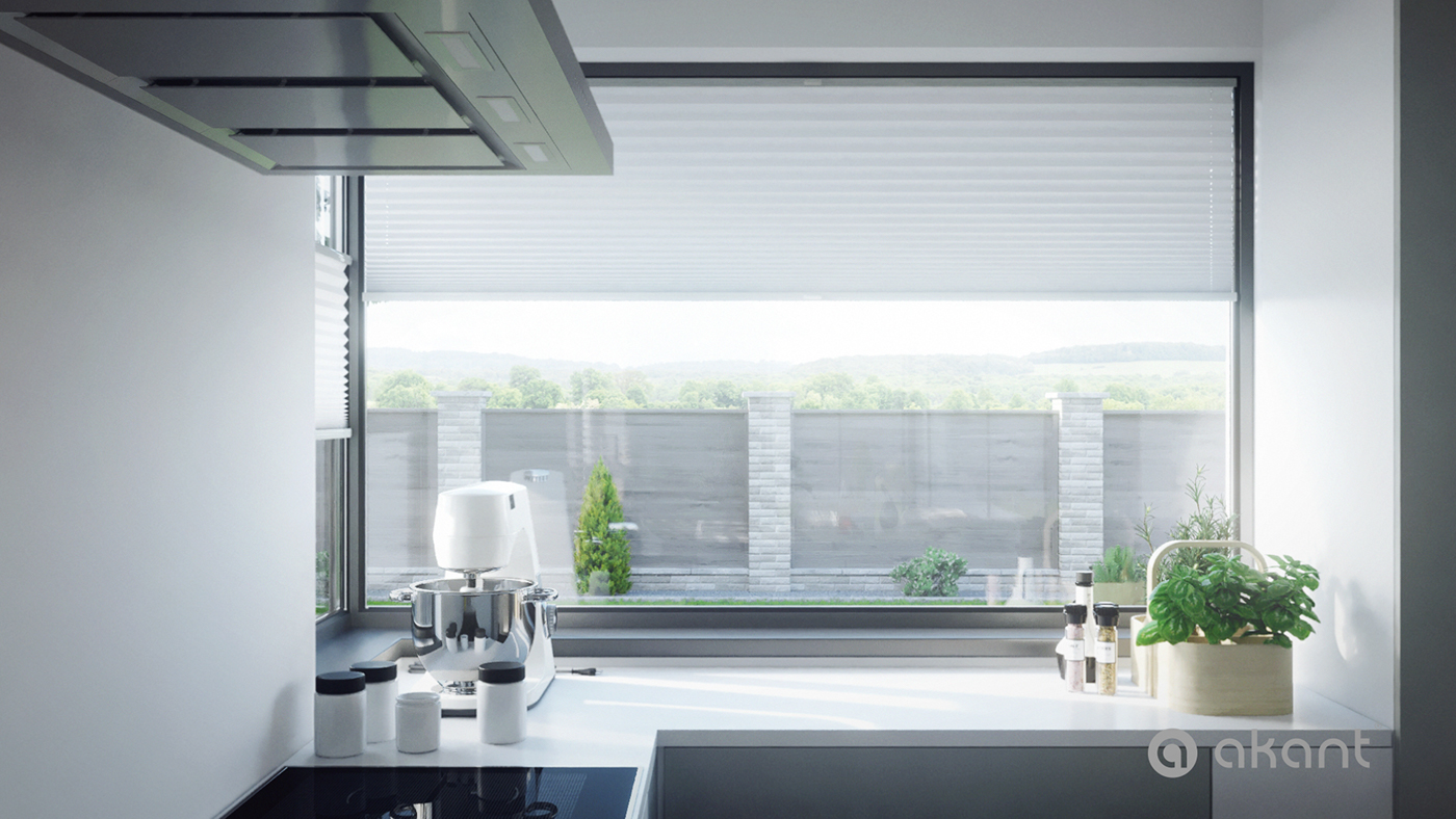 akant roller blind shutters Camera 360 Scandinavian design 3d animation modern house virtual tour kitchen living room