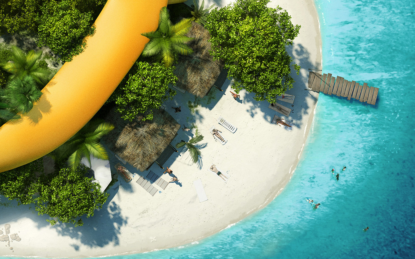flip flop visuals photo manipulation Island top view Pool swimming 3D Render shade Holiday Travel