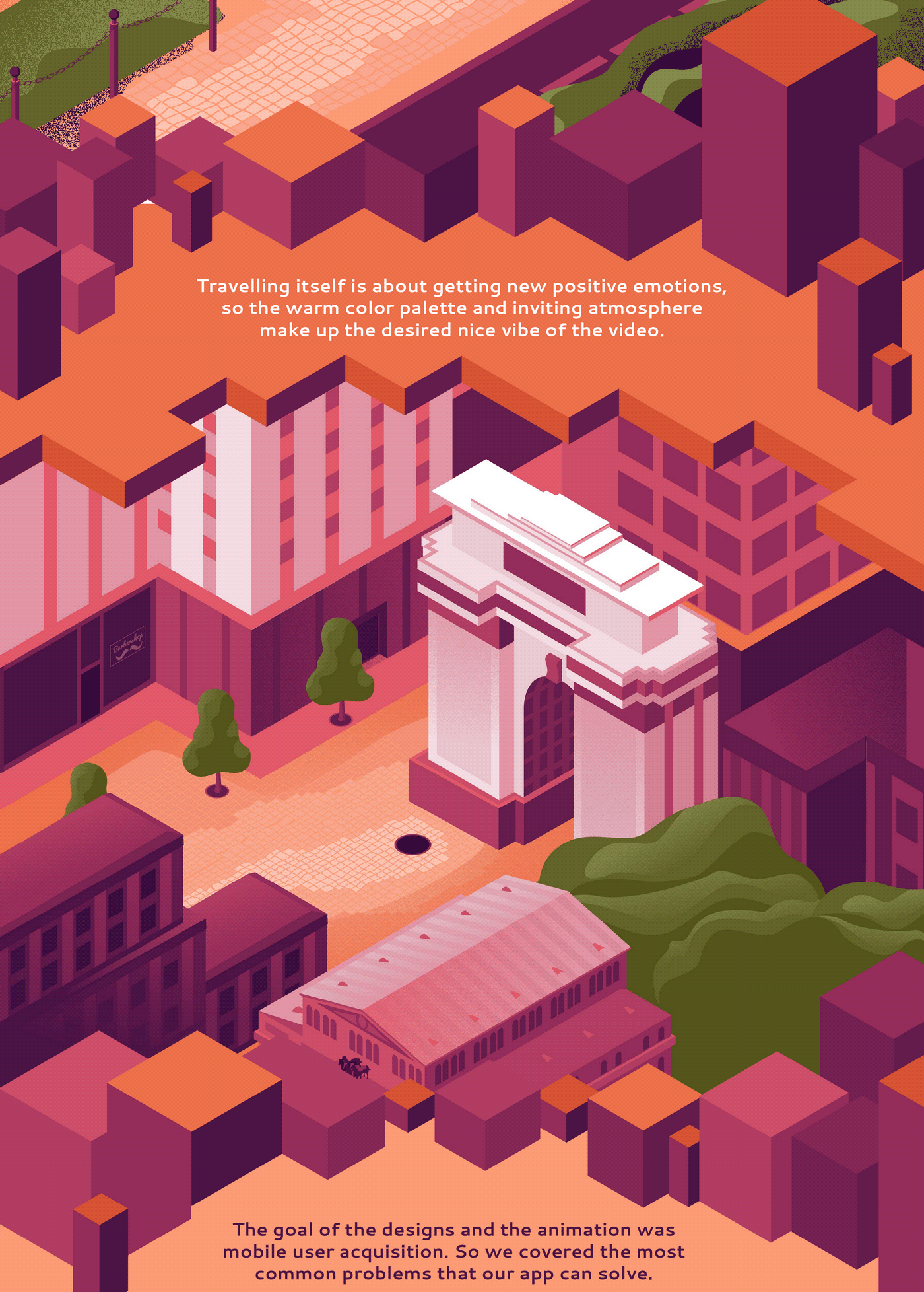 Isometric city with buildings in 2d vector style
