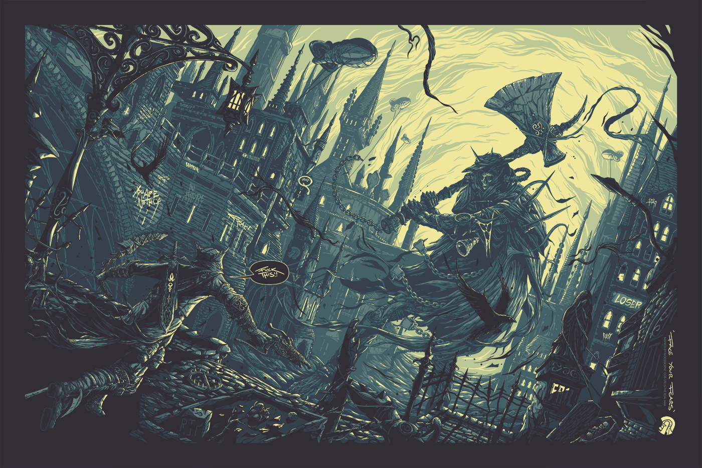 video game screen print poster computer game Bloodborne AAA environment fantasy lowbrow