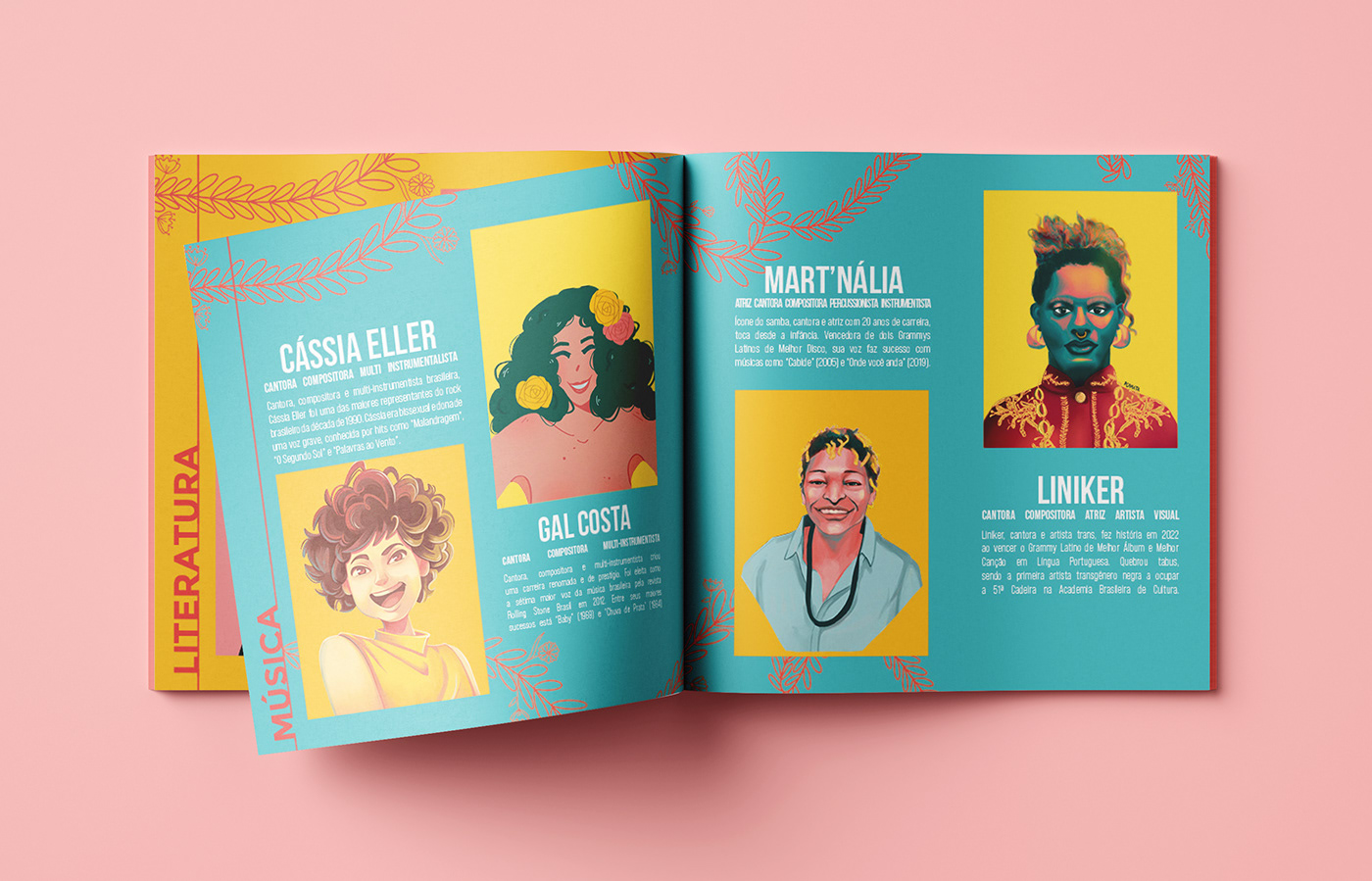 Mockup of a sticker album with illustrated portraits of empowered brazilian women in music.
