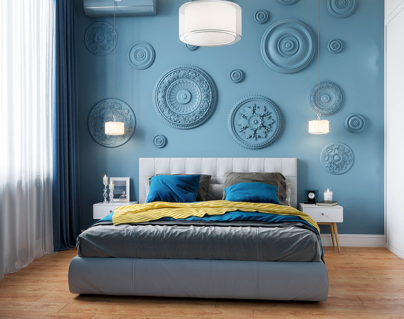 визуализация лепнина розетка синий спальня