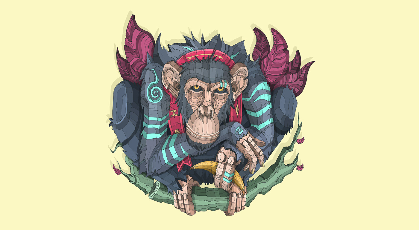 Chimpance orangutan Mono narigudo Eva Maria Bula El Ilustrador EMBS leyendas primitivas primates ilustracion