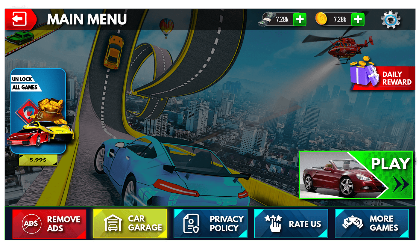 ui design UI/UX user interface Car Stunt game Ui mega 3D Car ramp stunt