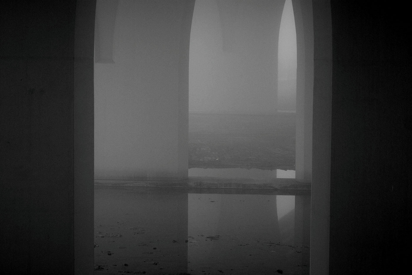 Photography  bridge dog girl fog black and white