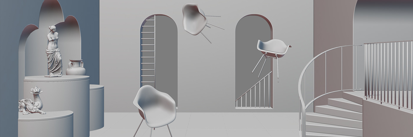 abstract chairs scenography Space  surreal 3D Anti-gravity CGI product design 