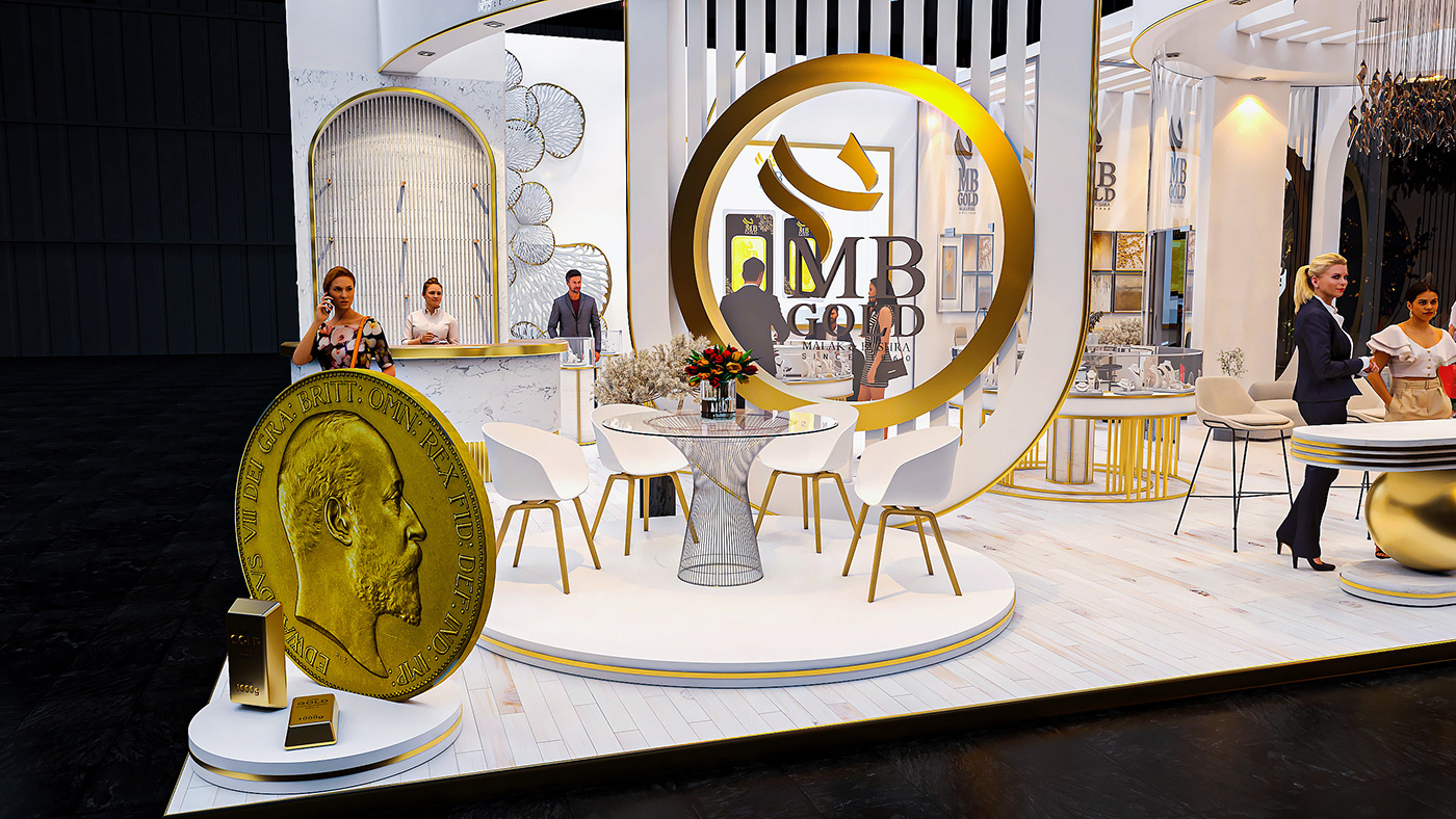 booth Exhibition  Event design gold jewelry 3D Render modern Stand