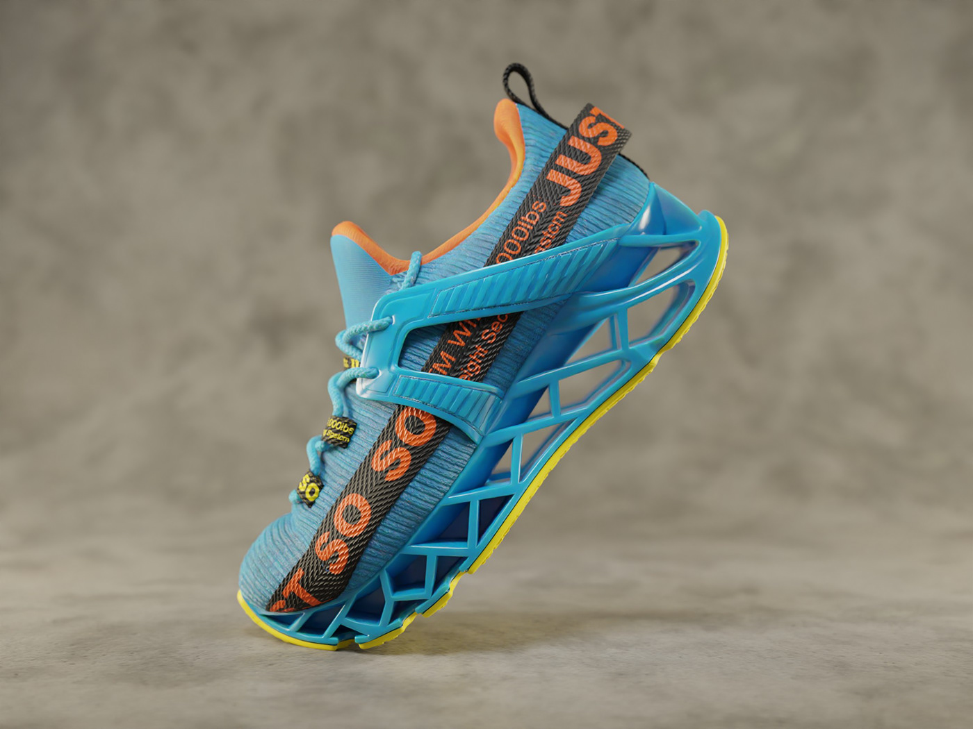 3D render of blue, orange, yellow, and black sneaker