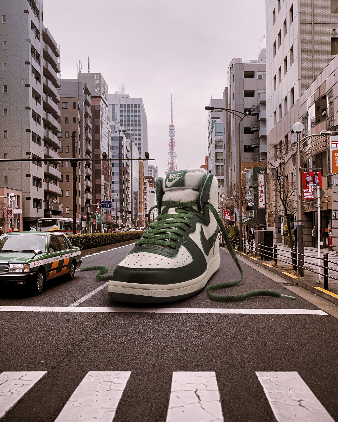 Giant sneaker photo composite in Tokyo. Retouching using Photoshop