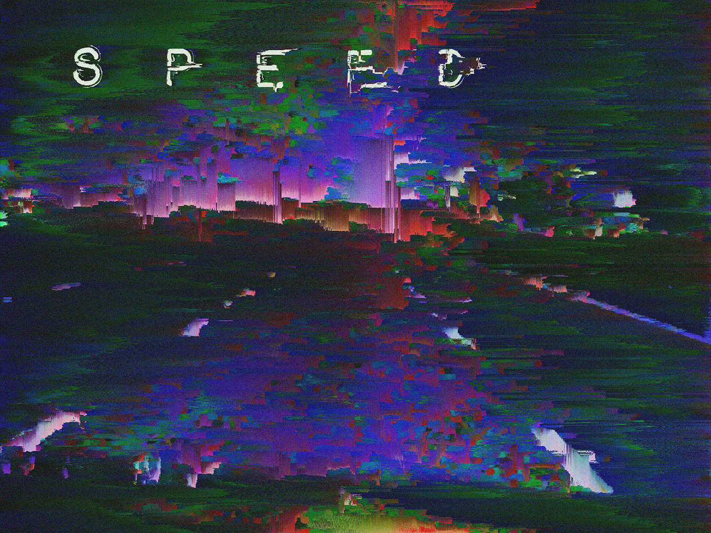 Hard glitched picture of a road with speed text