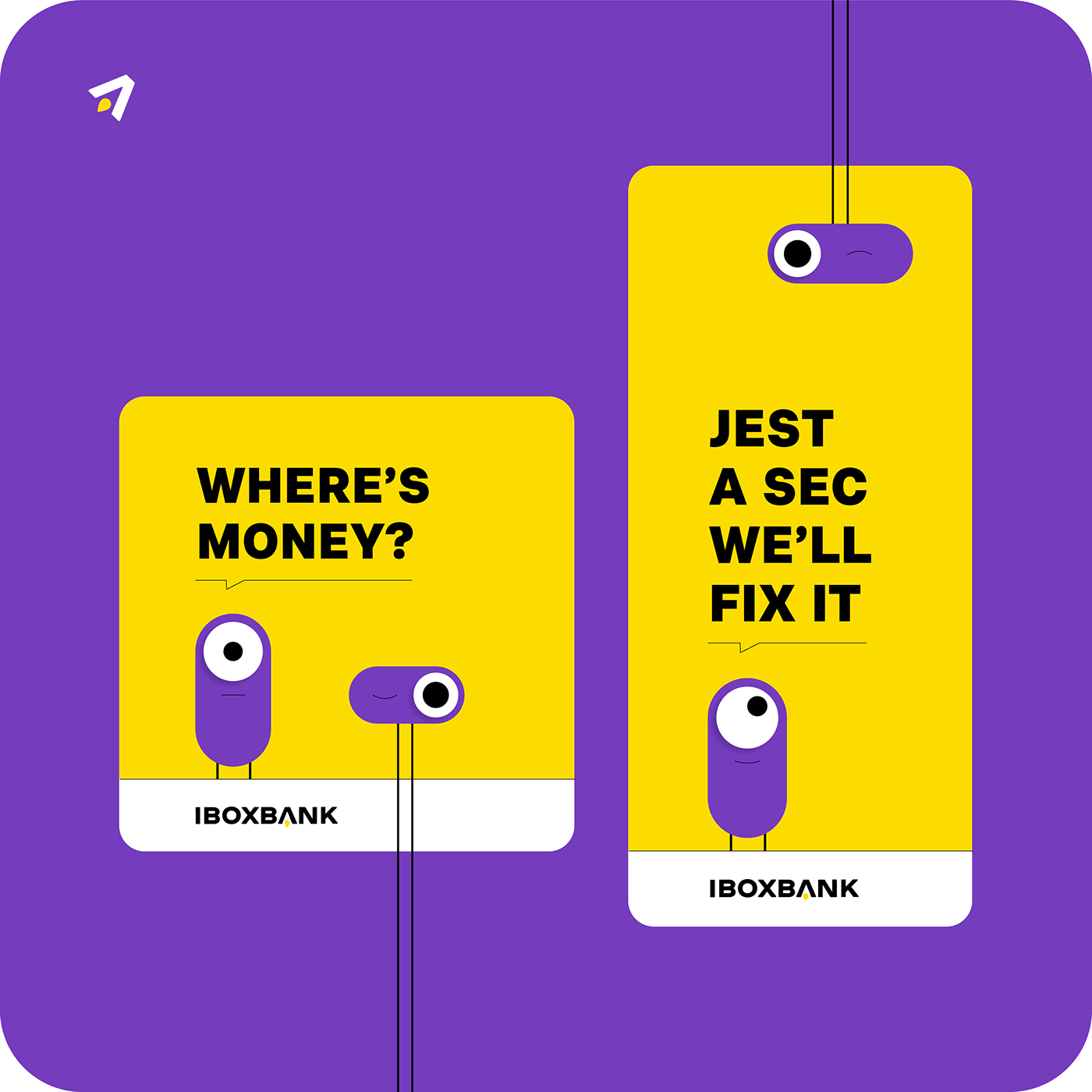 Bank brand Fun ibox ibox bank identity rocket SWIPE violet yellow