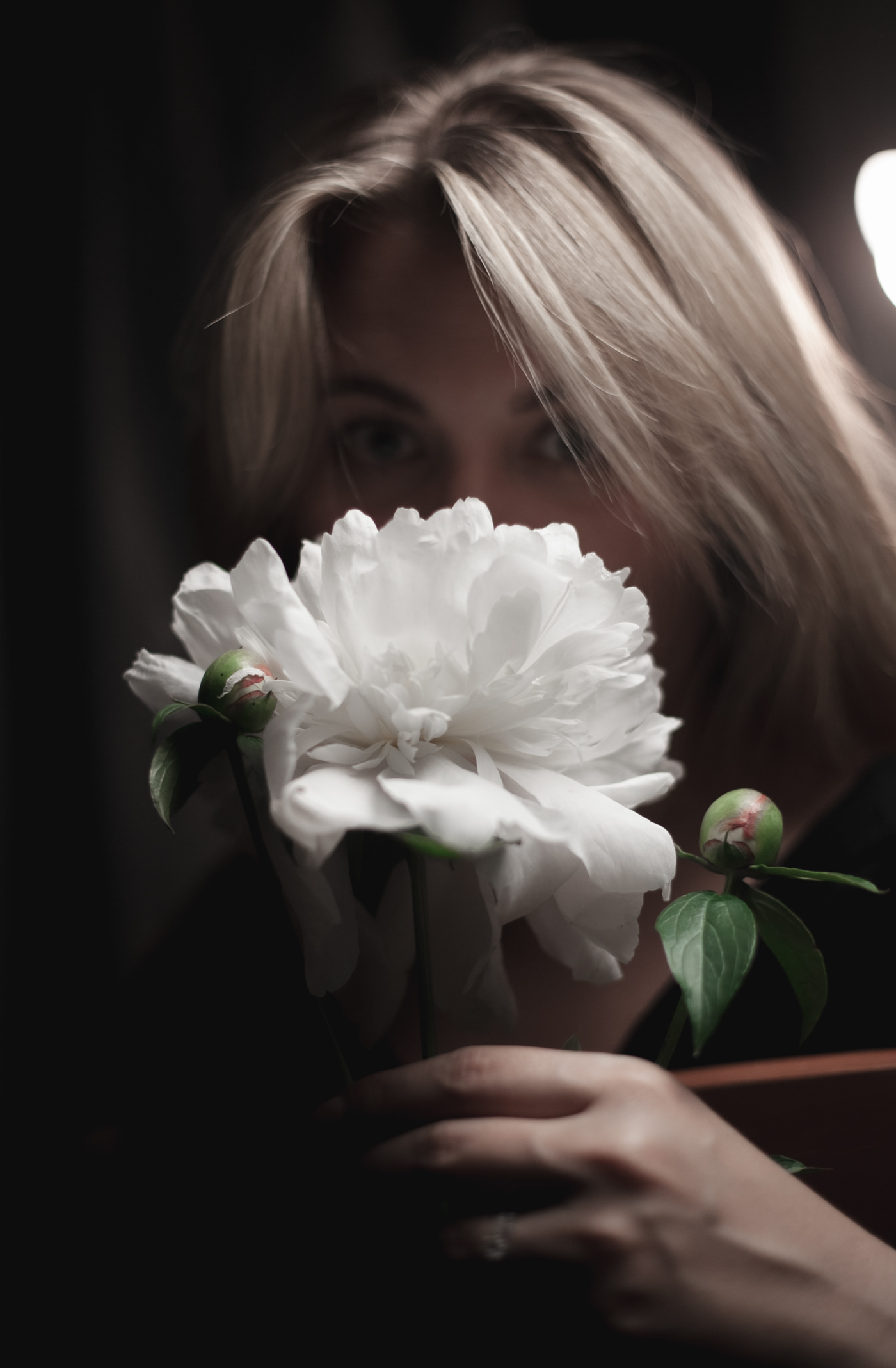 blonde blur dark Flowers girl Nature peonies people White