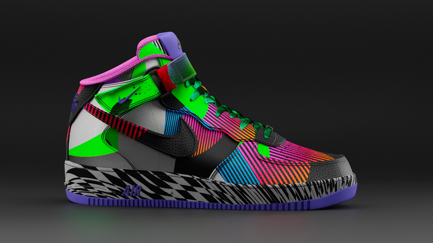 Series of Nike air designs with shapes, patterns and brilliant colors