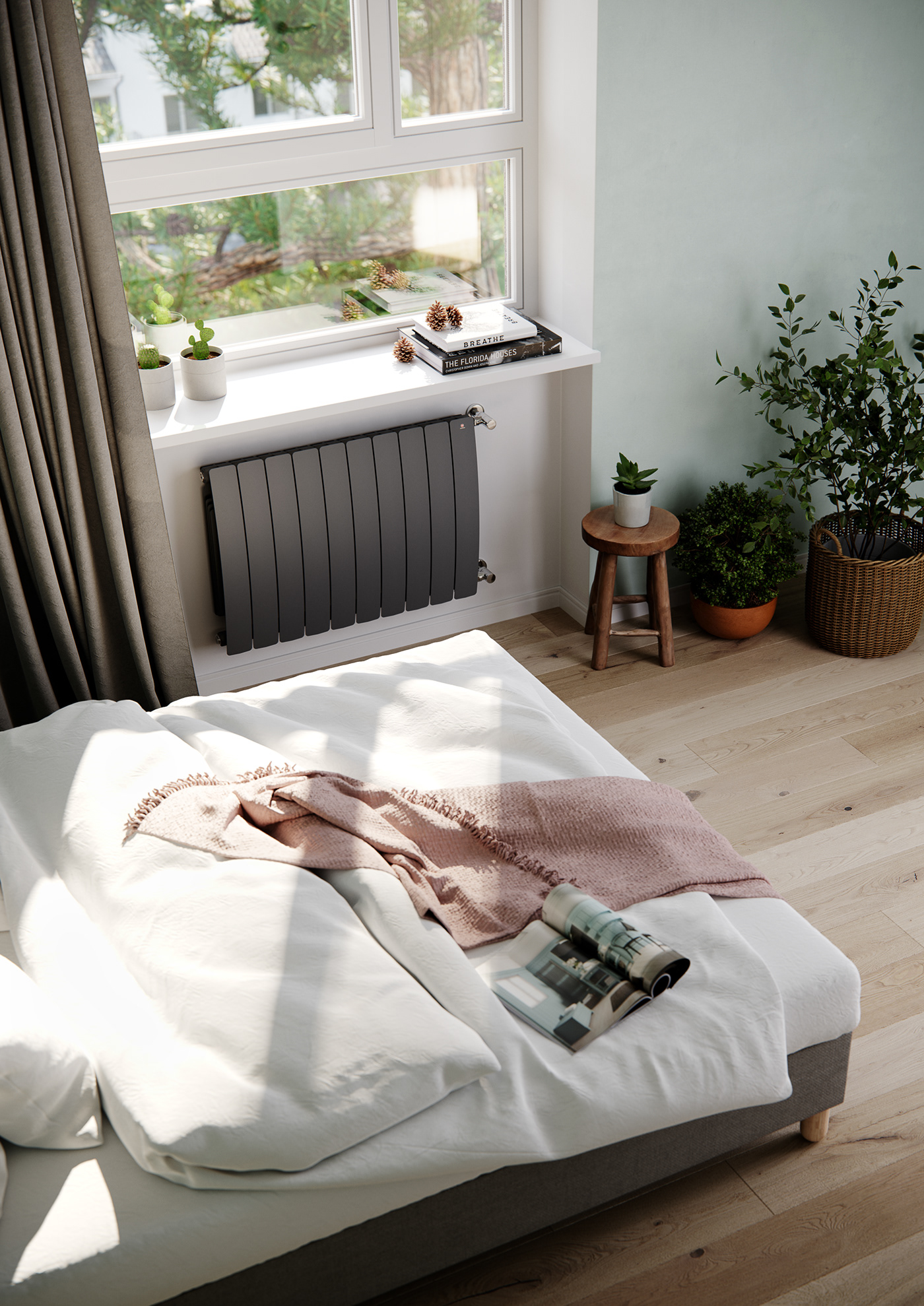 bedroom MORNING cozy Sun Plant Window radiator unmade bed catalogue shot