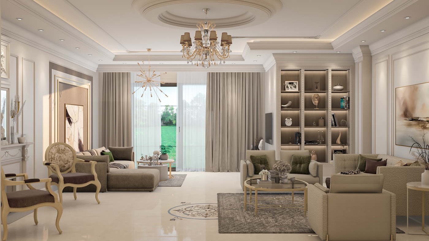 interior design  architecture Classic reception Villa Render 3ds max vray Interior living room