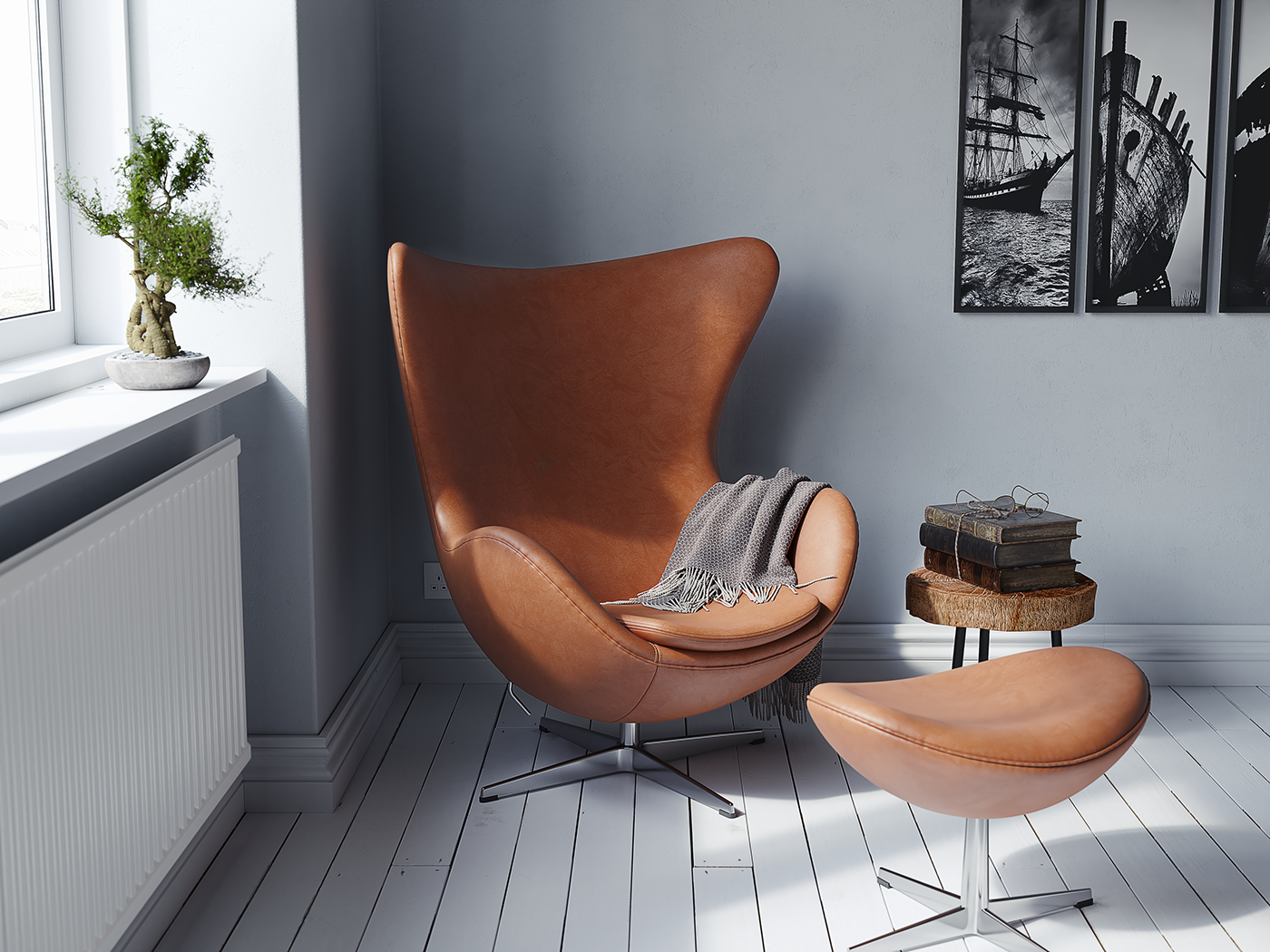Scandinavian Interior minimalist architecture Egg Chair bonsai vray 3ds max Substance Painter photoshop