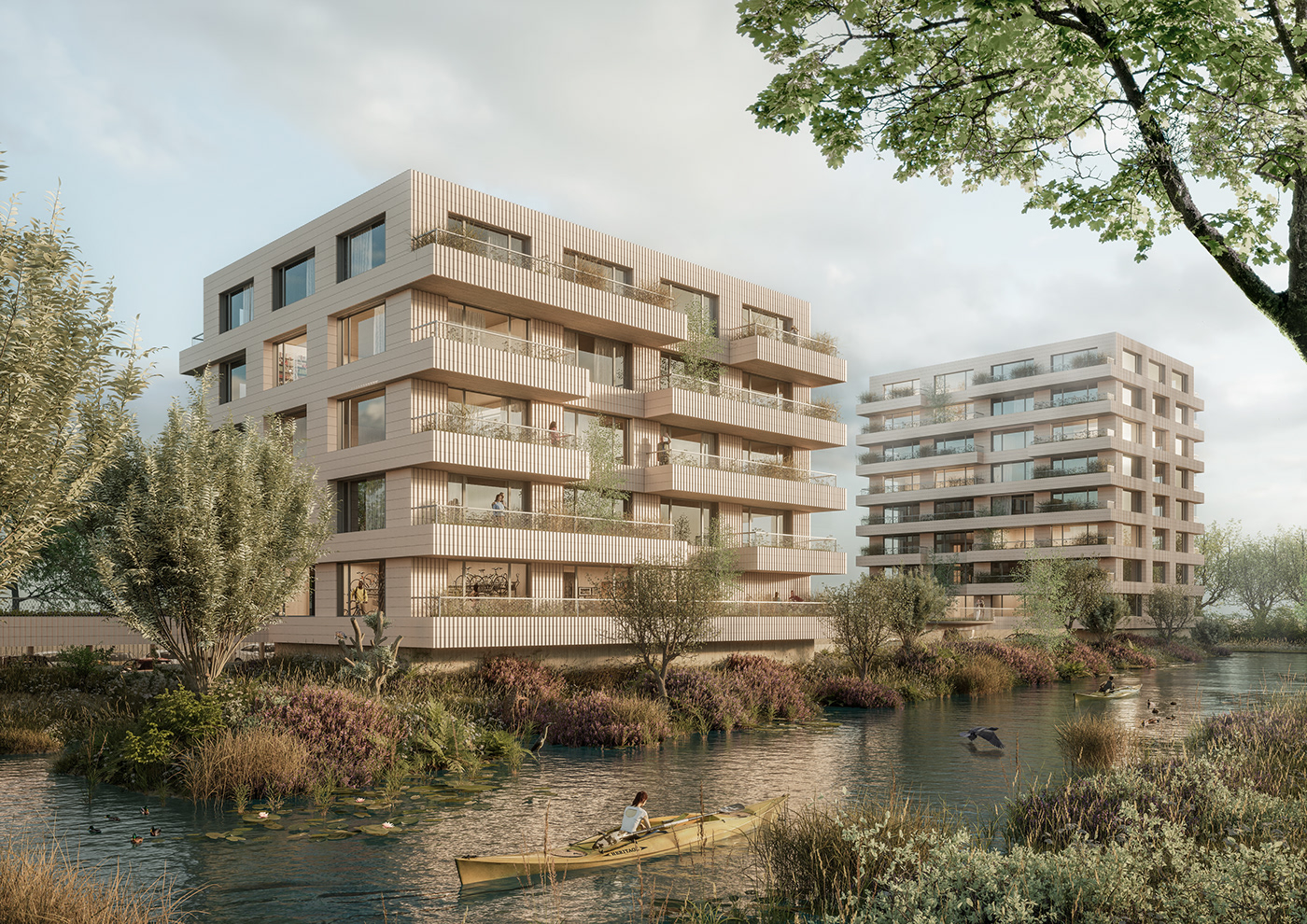 architectural visualization of housing competition proposal showing two building blocks by the river