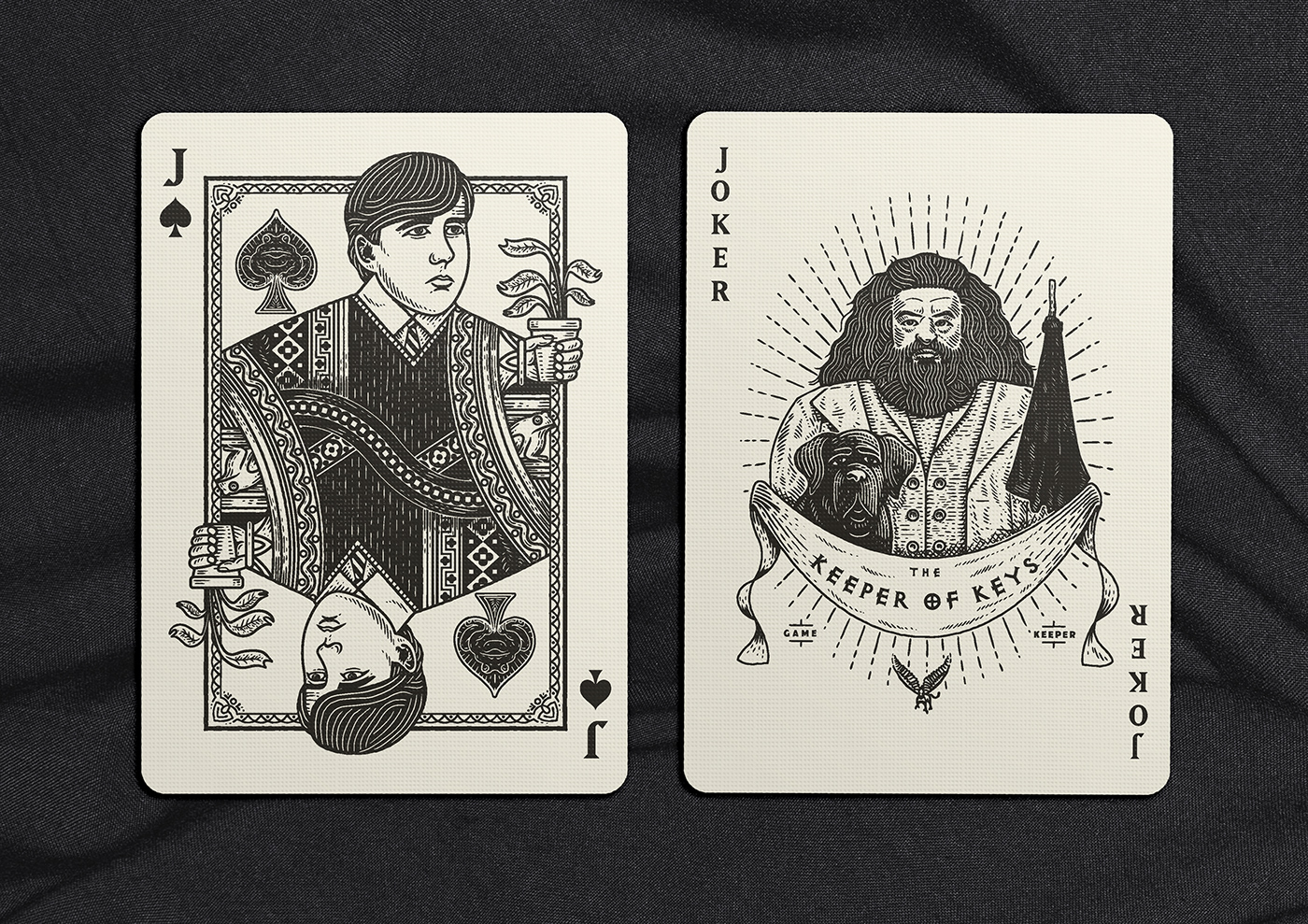 Playing Cards character illustration etching harry potter game black and white line art