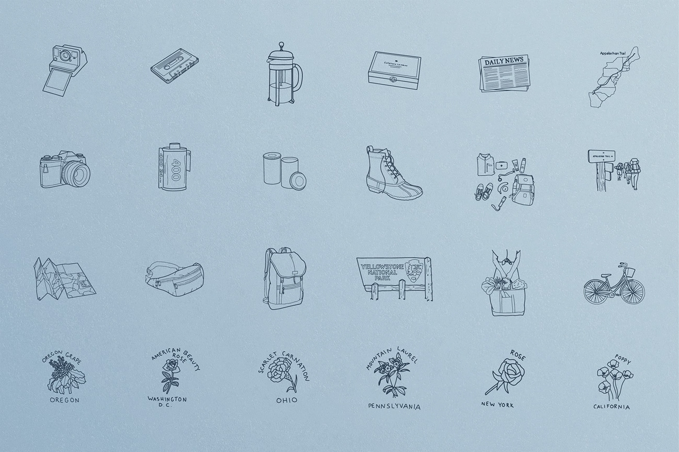 A layout/grid of adventure-related illustrations that are featured in the Getting Away book.