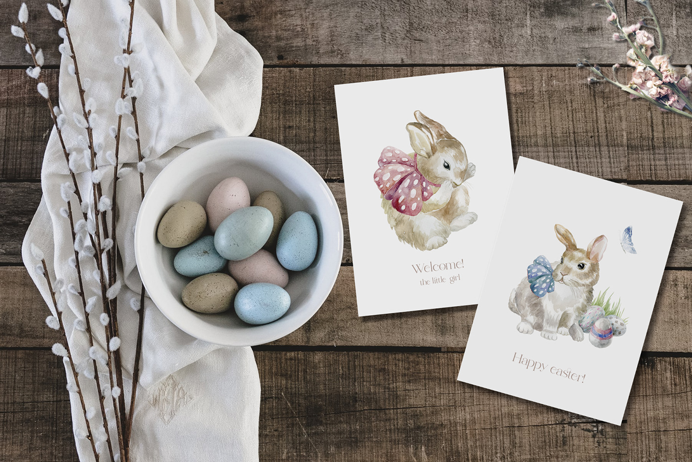 Easter bunnies watercolor illustration animal hare Holiday flower Bouquet frame seamless patterns