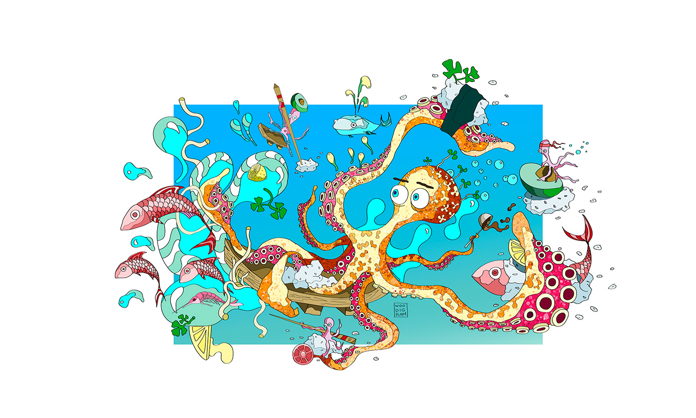 woodigram octopus Sushi wok japan ILLUSTRATION  digital art